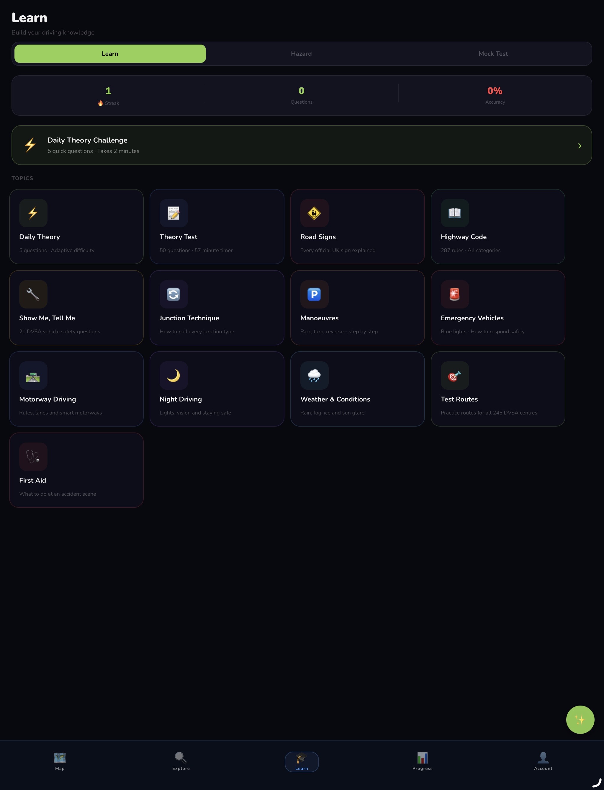 Learn screen